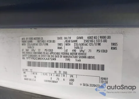 2019 Ford Transit-250 z USA, uszkodzony, nr VIN 1FTYR2CM6KKA87249